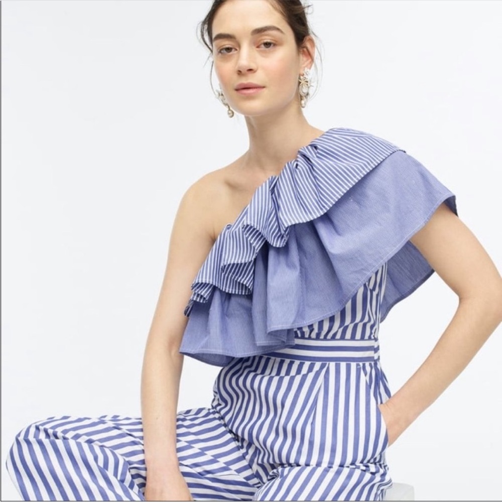 J. Crew Striped Blue One-Shoulder Ruffle Jumpsuit NWT size 8